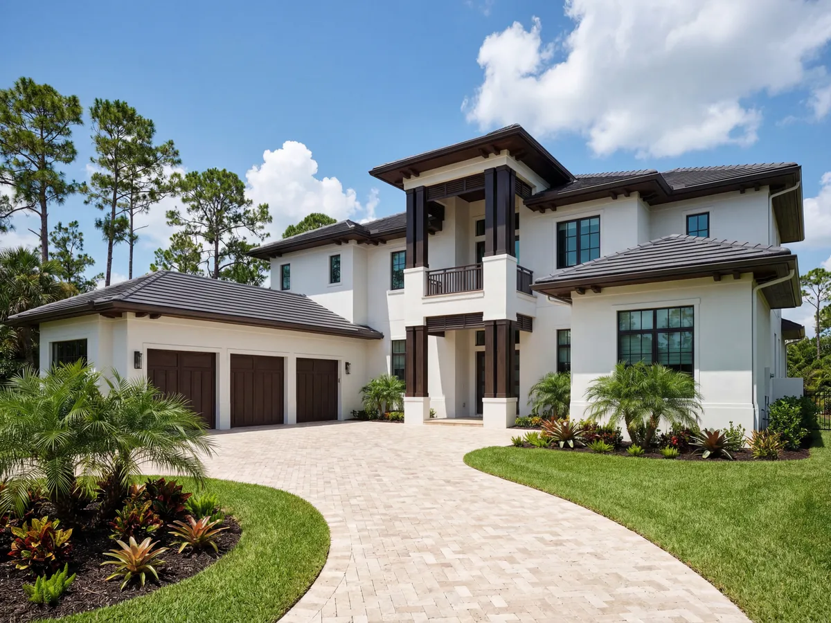 Luxury Custom Residences - XL Homes Naples FL Modern Mediterranean luxury custom home with tile roof, stucco exterior, tropical landscaping and paver driveway in Naples Florida by XL Homes custom home builder